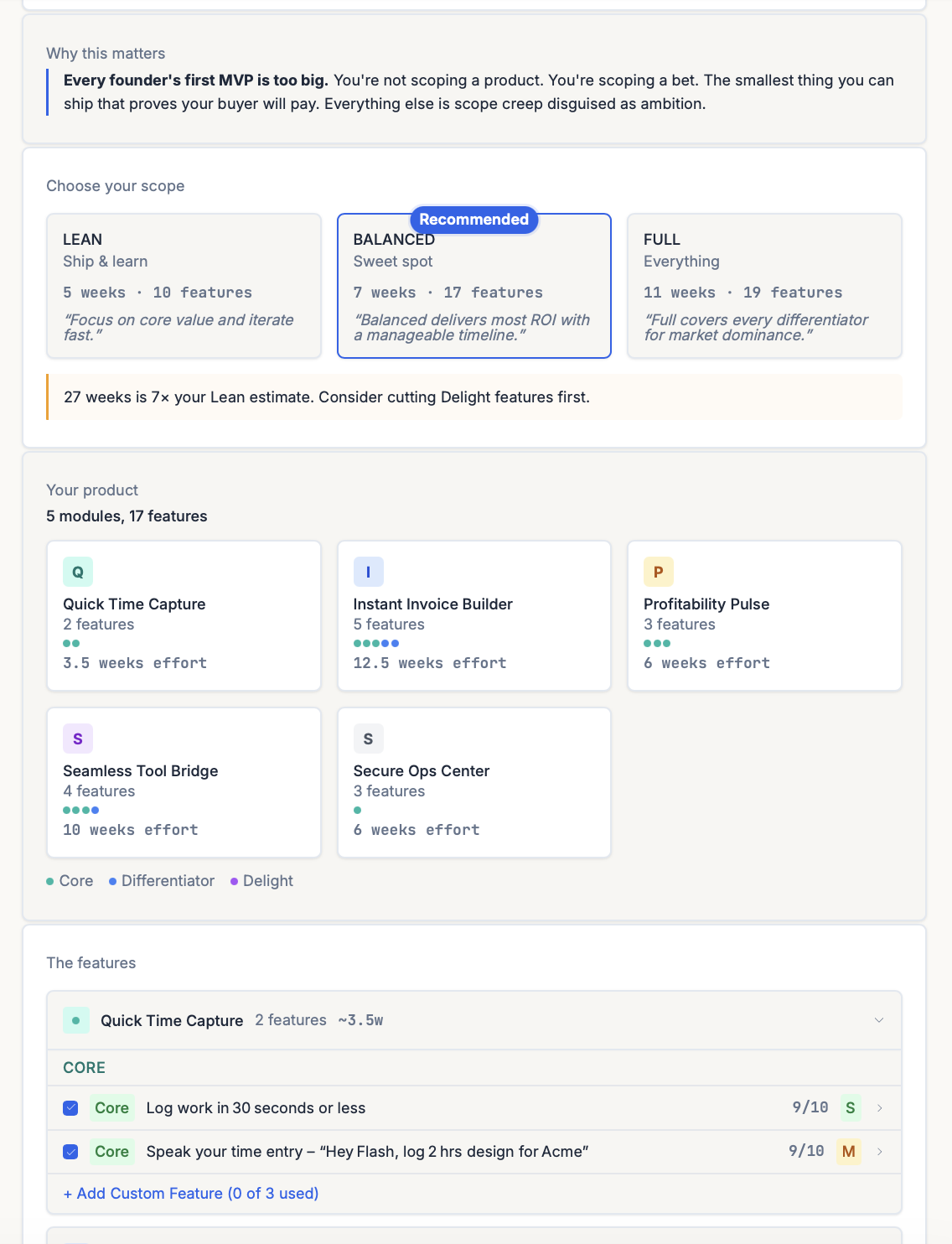 ShipFit Stage 5, What's V1? MVP scope sorted into Differentiator (keep), Delight (cut first), and Operational buckets, with ICE-style scores and effort tags per feature.
