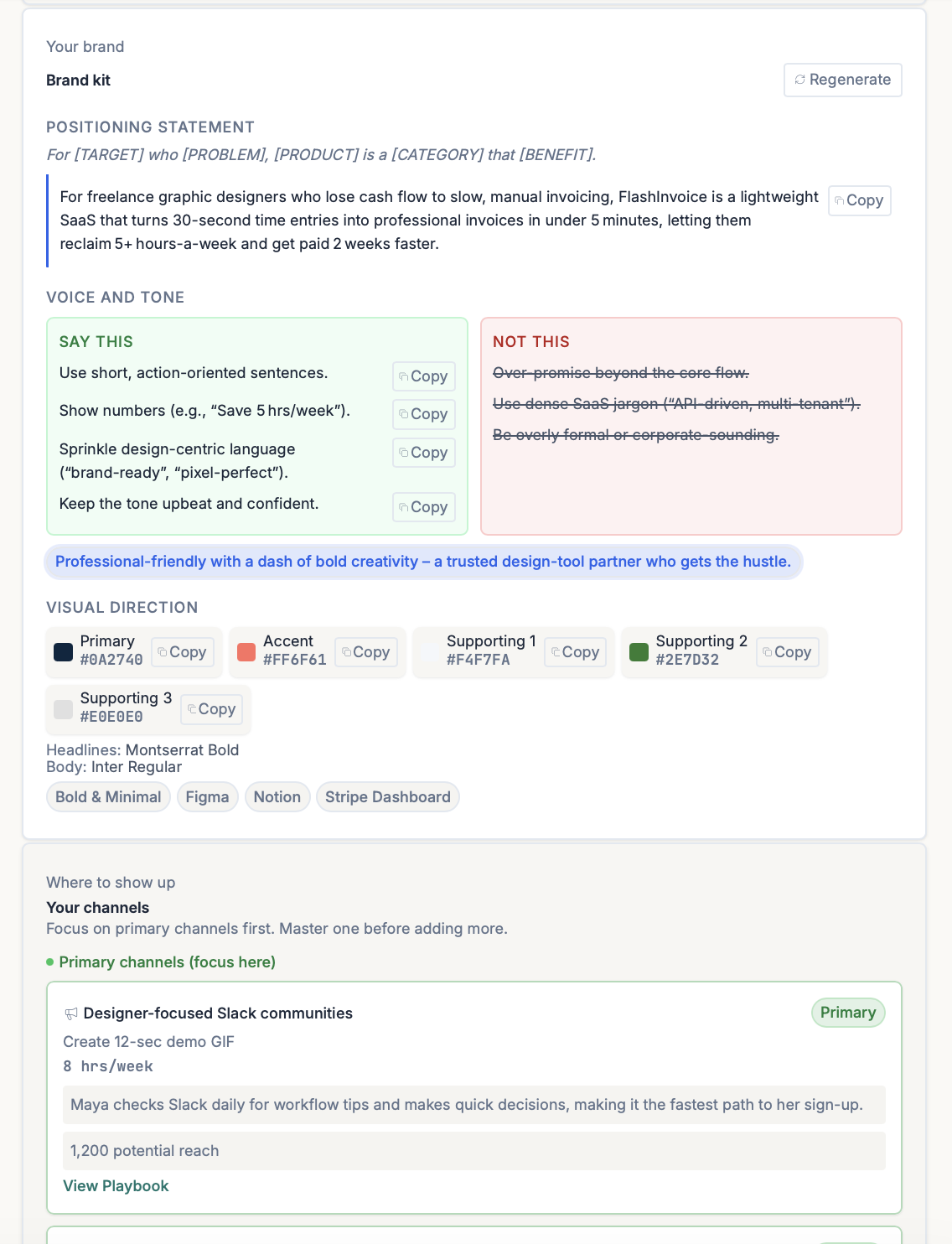 ShipFit Stage 8, How to Launch? Brand kit, voice and tone, and ICE-scored channel strategy with prioritized launch channels and message templates.